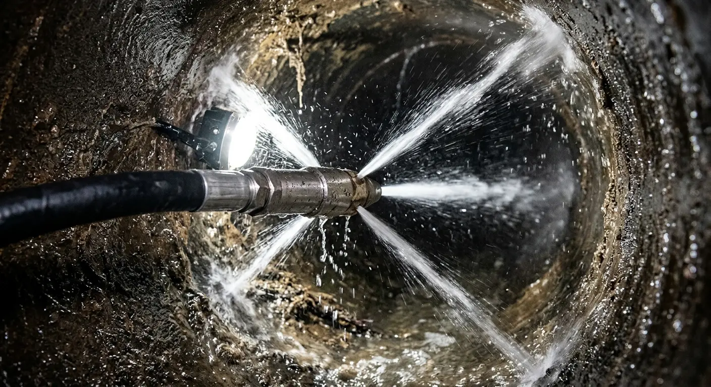 High-pressure hydro jetting nozzle cleaning sewer pipe for Emergency Drain Service in Punxsutawney