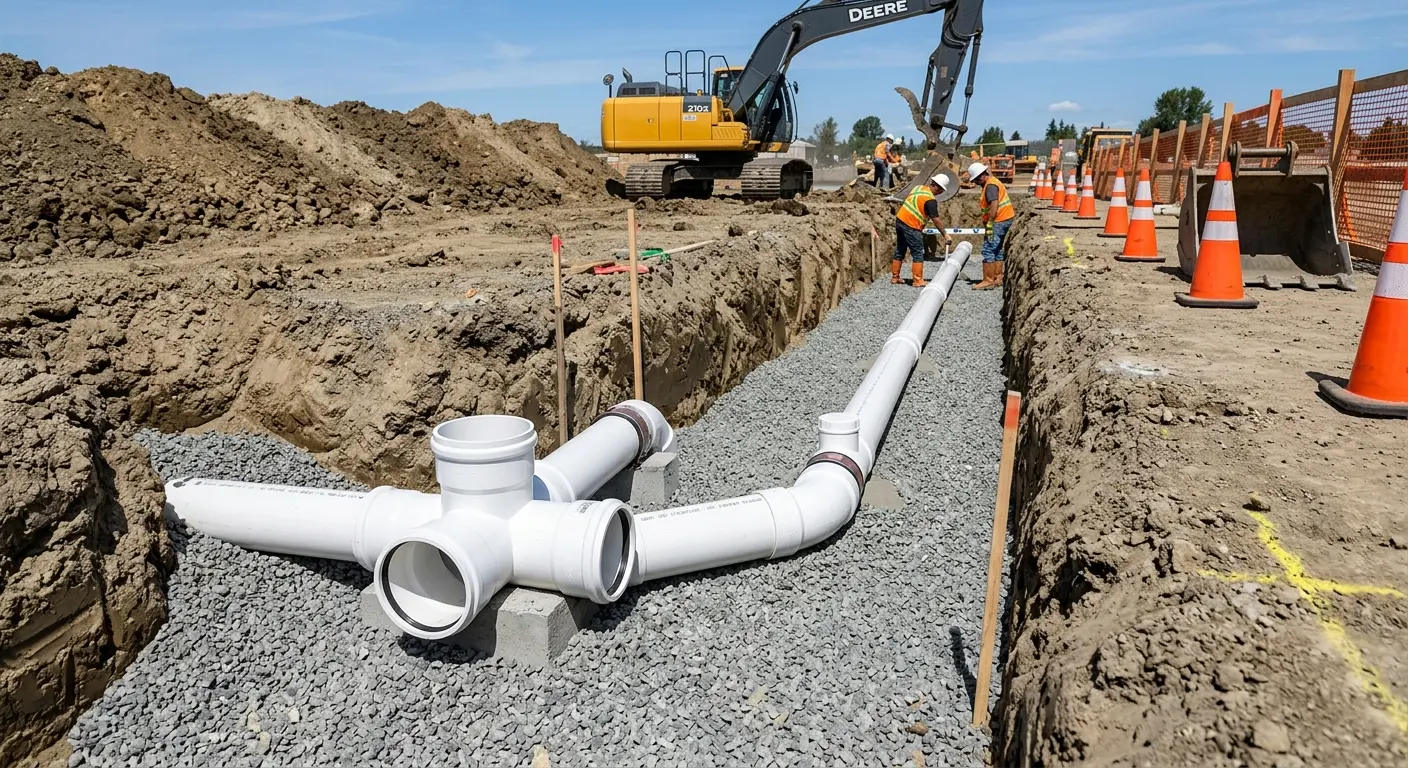 New PVC sewer pipe installation in open trench for Sewer Backup in Punxsutawney
