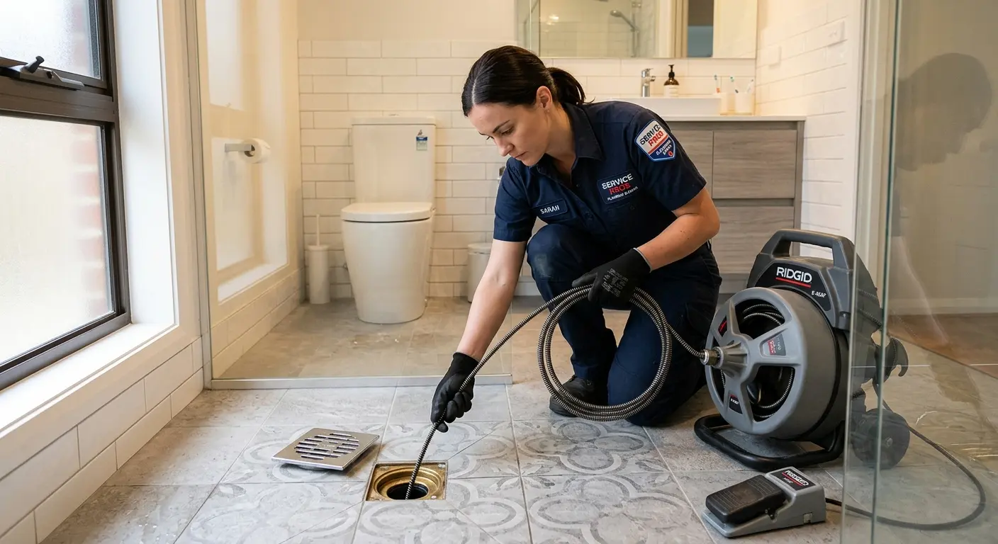 Technician clearing a bathroom floor drain for Sewer Line Replacement in Punxsutawney